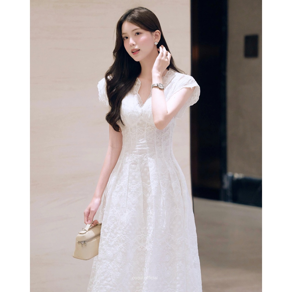 Đầm tiểu thư dự tiệc dáng dài AUDREY DRESS - COQUI, Váy trắng dáng dài nhẹ nhàng tùng xòe nhẹ tôn dáng đi chơi đi tiệc