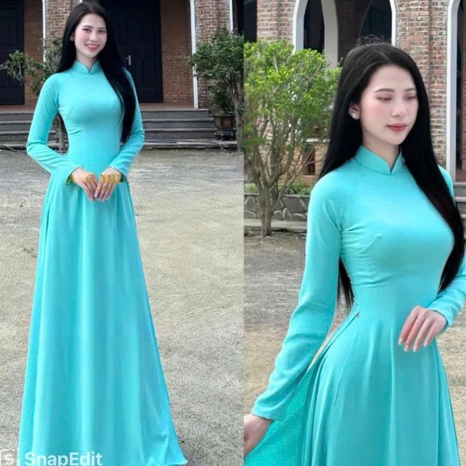 E35 -Áo Dài Lụa Mỹ Xanh Ngọc Không Nhăn Cao Cấp