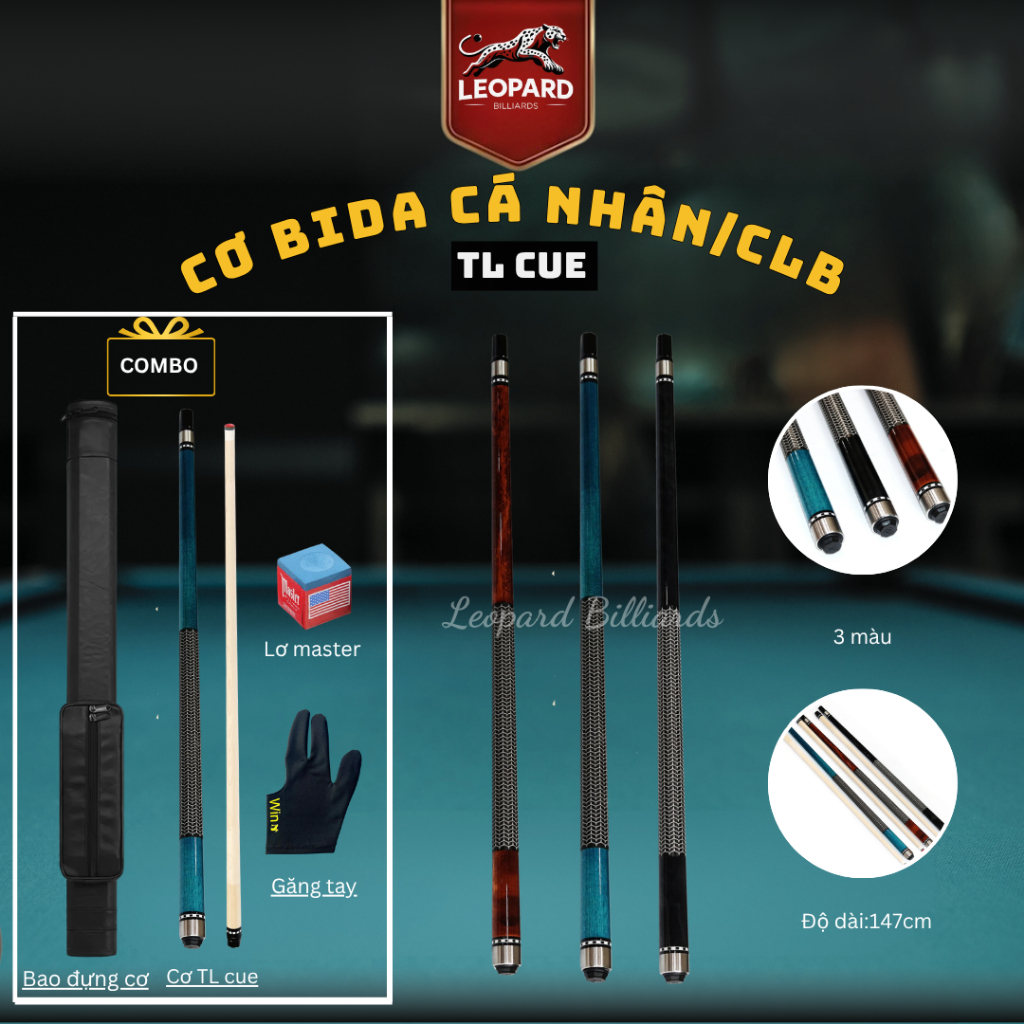 Cơ bida TL CUE - Cơ cao cấp gỗ phong già - Chuôi quấn da -Combo Cơ Bao Găng Lơ- Leopard Billiards
