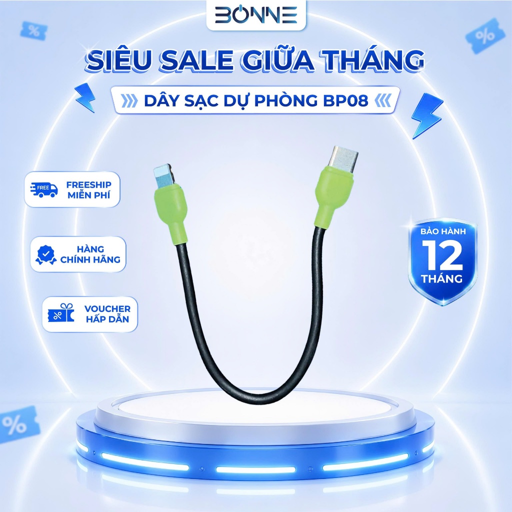 Dây sạc dự phòng dành cho BP08, có thể sạc nhiều loại thiết bị, bảo hành 1 năm lỗi 1 đổi 1 BY BONNE 