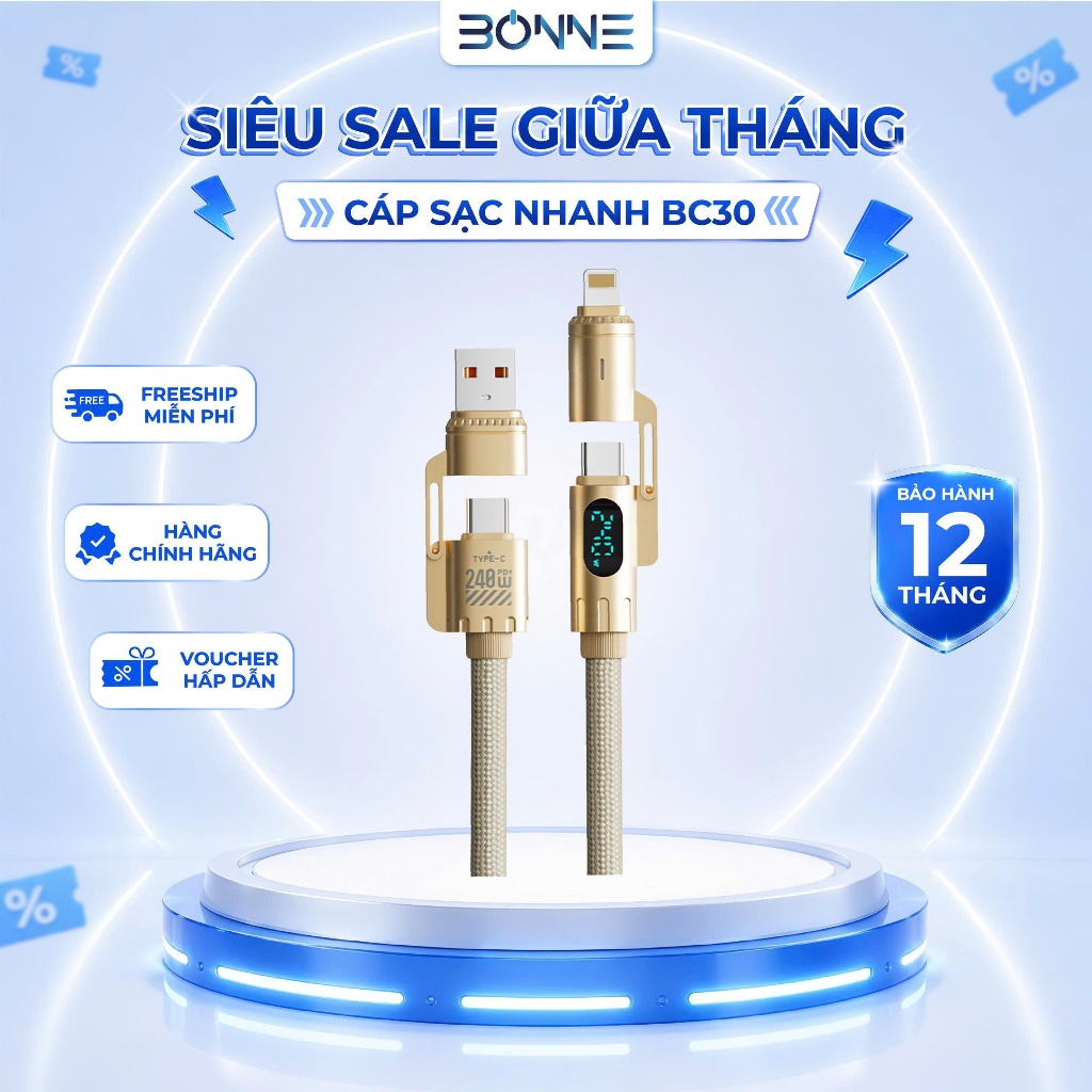 Cáp Sạc Nhanh BC30 ( Dài 2 Mét ) 4in1 Công Suất 240W Chính Hãng By Bonne TECHNOLOGIQUE Hỗ Trợ CarPla