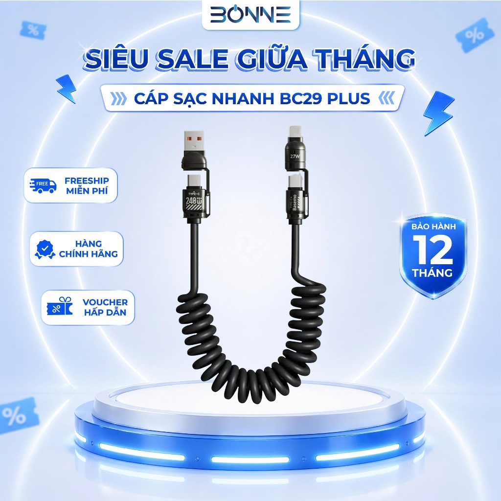 Cáp Sạc Lò Xo Đa Năng BC29 PLUS Sạc Nhanh 240W, Cáp Sạc Nhanh 4 IN 1 Chống Rối, Sạc Nhanh 240W