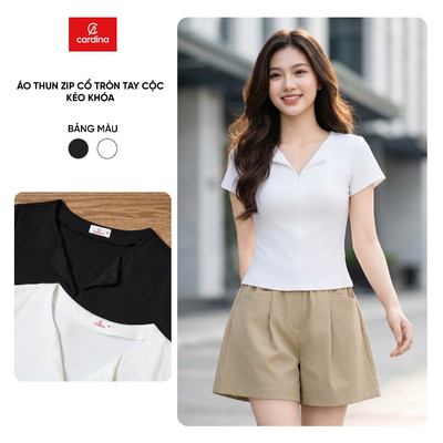 Áo thun nữ CARDINA chất liệu thun zip tay cộc cổ tròn khóa kéo 6ATC33