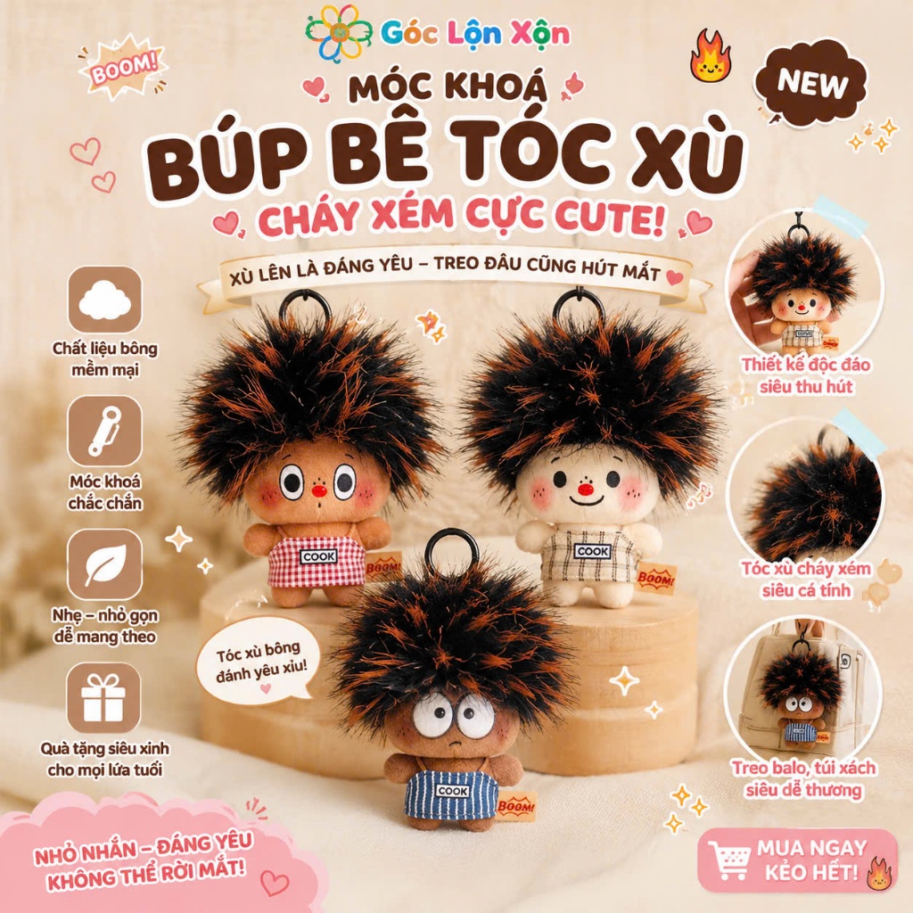 Móc Khóa Búp Bê Tóc Xù Cháy Xém Dễ Thương, Furry Doll 16cm Treo Túi Cặp, Balo, Móc Khóa Cặp Đôi