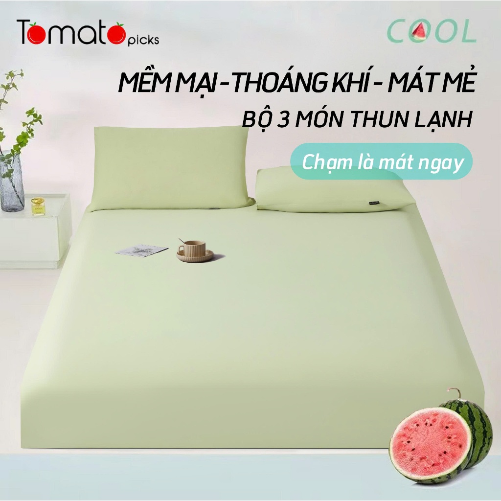 Bộ 3 món ga giường thun lạnh mát mẻ thoáng khí mềm mại, Bộ ga giường màu trơn gồm 1 ga giường và 2 v