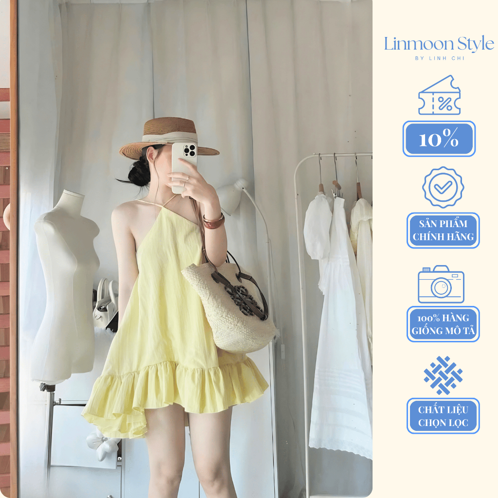Đầm nữ 2 dây dáng yếm bèo tầng dáng xòe tiểu thư màu vàng bơ phong cách Hàn Quốc đi biển, du lịch, chụp ảnh | BigBuy360 - bigbuy360.vn