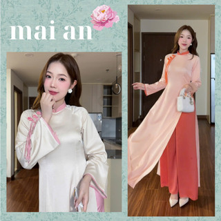 Áo dài HẠ NHI, vải lụa tây thi dáng chiết eo truyền thống, tay loe phối cúc màu - Áo Dài MAI AN