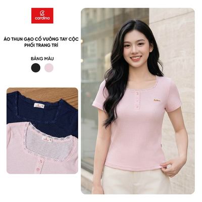 Áo thun nữ CARDINA chất liệu thun gạo tay cộc cổ vuông phối trang trí 6ATC35