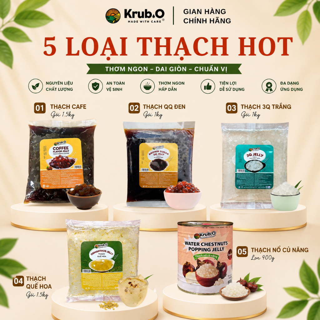 [Chính hãng] Thạch 3Q trắng - Thạch 3Q đường đen - Thạch cafe Krub.O - Thạch Quế Hoa, thùng 10 gói