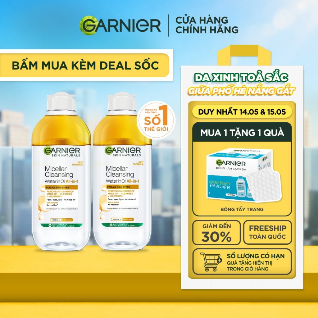 Bộ 2 nước làm sạch và tẩy trang cho da khô & trang điểm Garnier Micellar Water 400ml x 2