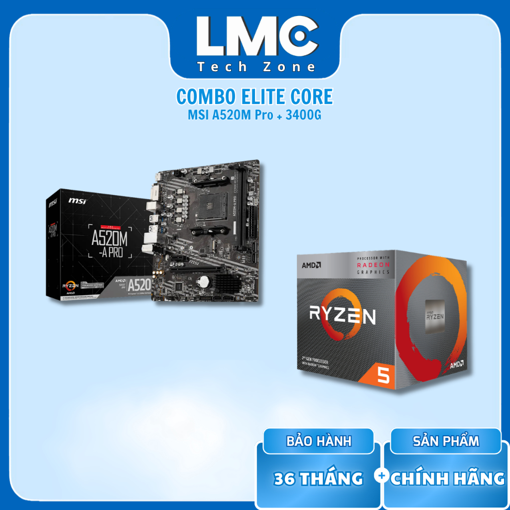 Combo AMD Elite Core ( A520M + 3400G + RAM 16G )