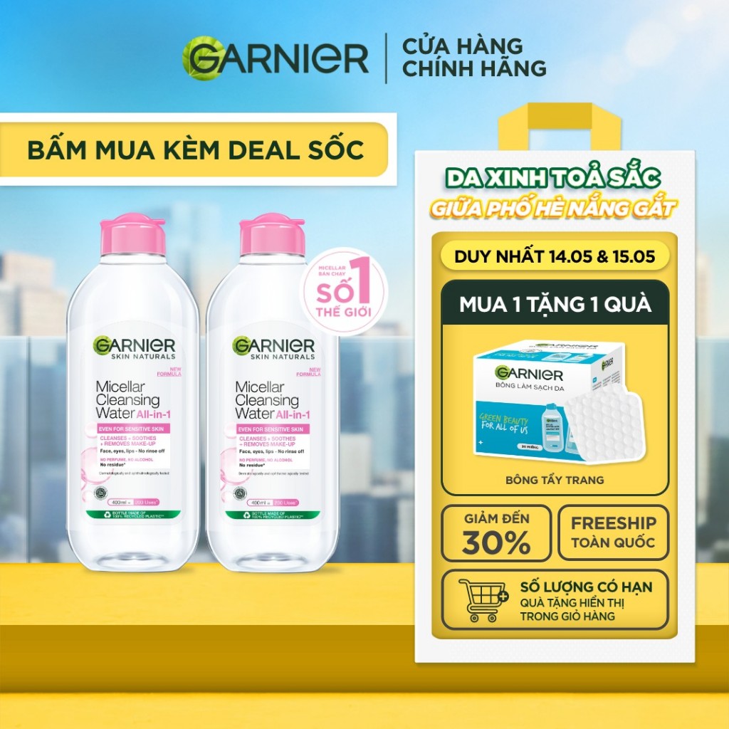Bộ 2 nước làm sạch và tẩy trang cho da nhạy cảm (nắp hồng) Garnier 400ml x 2