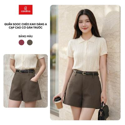 Quần đùi sooc nữ CARDINA chất liệu chéo kaki dáng A cạp cao có gân trước 6QSA12