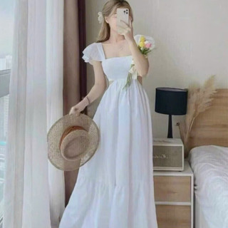 Váy đầm tiểu thư thời trang nữ sang chảnh dự tiệc chất lụa cổ vuông tay ngắn mút ngực váy dáng xoè maxi