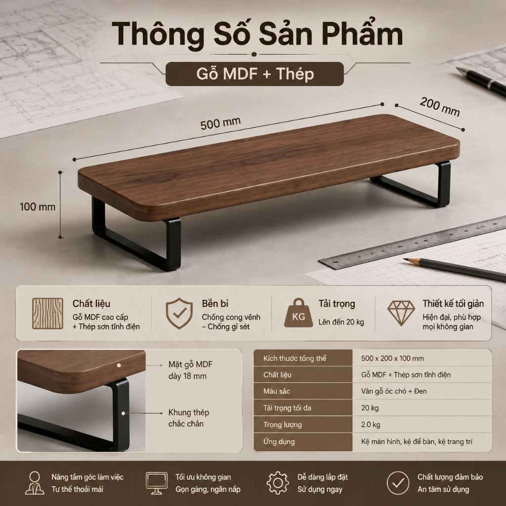 IB Kệ để màn hình Kệ máy tính Gỗ óc chó Hiện đại Tăng cao 9cm Chịu tải 50kg Cất gọn bàn phím | BigBuy360 - bigbuy360.vn