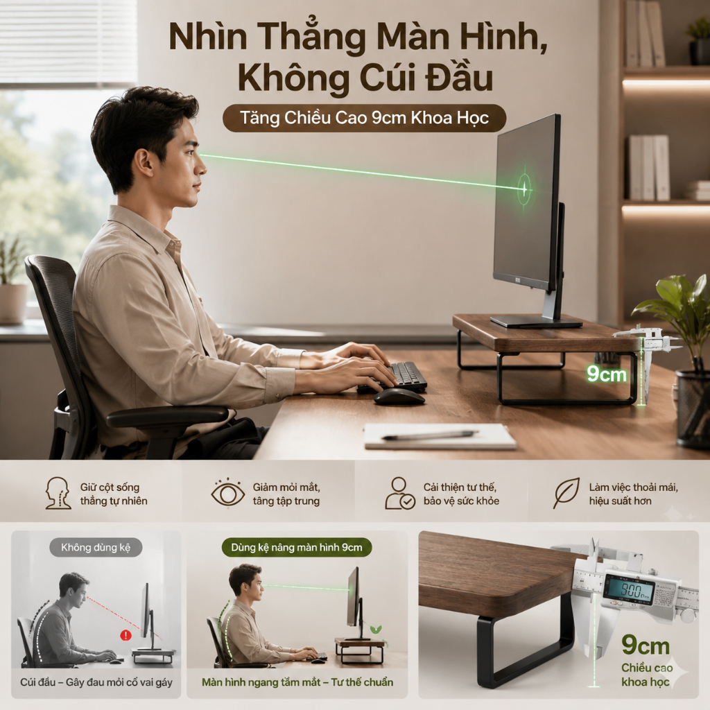IB Kệ để màn hình Kệ máy tính Gỗ óc chó Hiện đại Tăng cao 9cm Chịu tải 50kg Cất gọn bàn phím | BigBuy360 - bigbuy360.vn