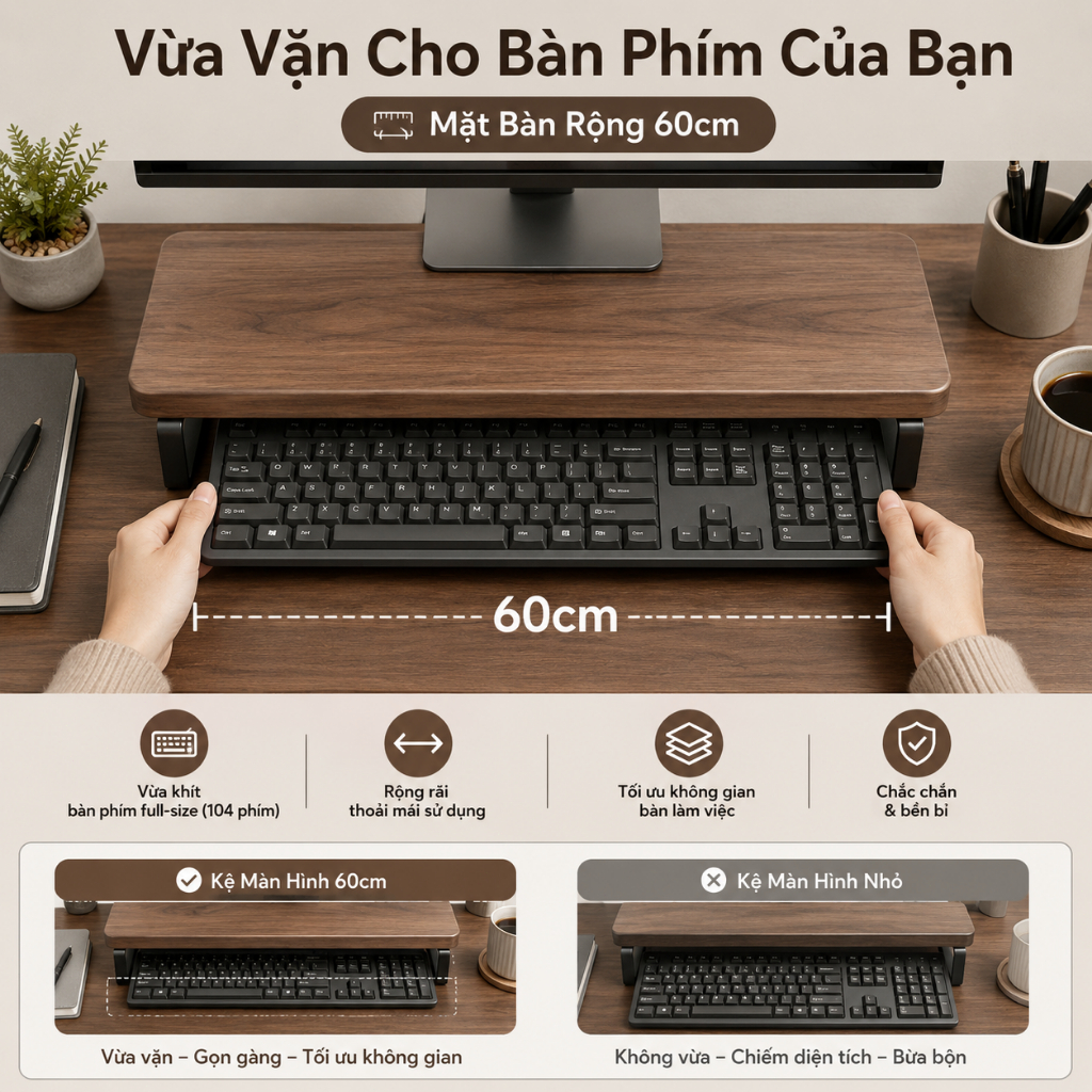 IB Kệ để màn hình Kệ máy tính Gỗ óc chó Hiện đại Tăng cao 9cm Chịu tải 50kg Cất gọn bàn phím | BigBuy360 - bigbuy360.vn