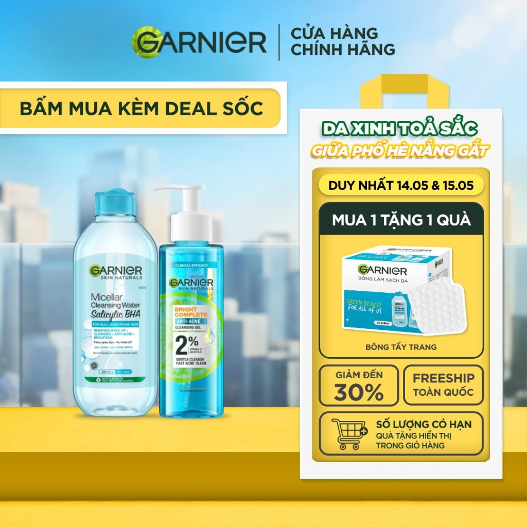 Bộ đôi Gel rửa mặt dịu nhẹ 2% [BHA, Vitamin C] & Nước tẩy trang BHA Garnier Bright Complete Anti-Acn