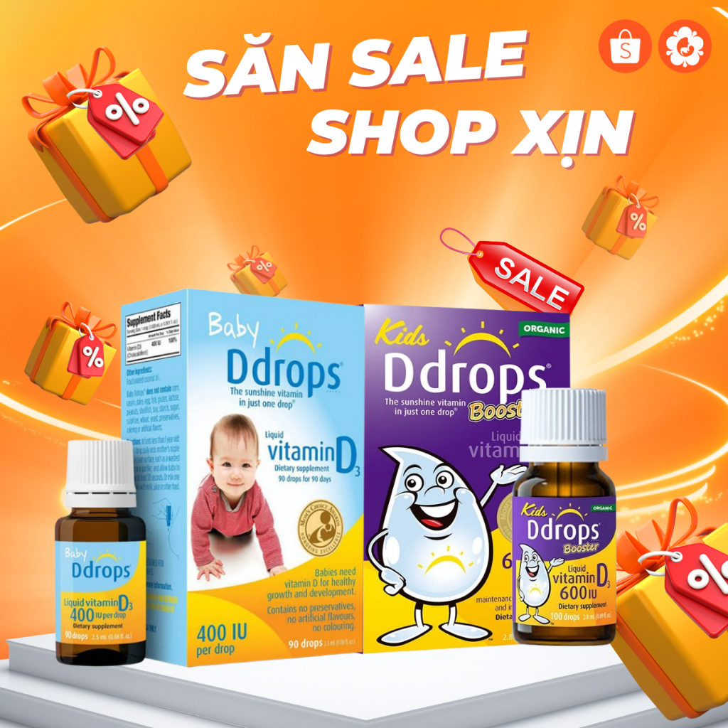 D3 Thuần Organic Ddrops 400IU Và D3 Ddrops 600IU dạng lỏng nhỏ giọt giúp bé mạnh khỏe cao lớn
