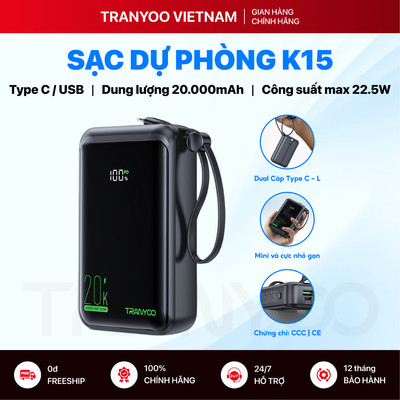 Pin Sạc Dự Phòng TRANYOO T-K14 / K15 10000mAh / 20000mAh Chuẩn PD 22.5W Có Led Tích Hợp 2 Cáp Sạc