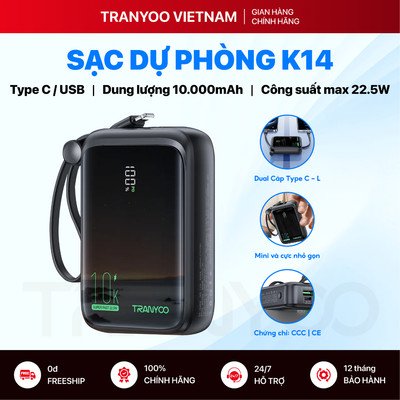 Pin Sạc Dự Phòng TRANYOO T-K14 10000mAh Chuẩn CCC Sạc Nhanh PD 22.5W Màn Hình Led Tích Hợp 2 Cáp Sạc