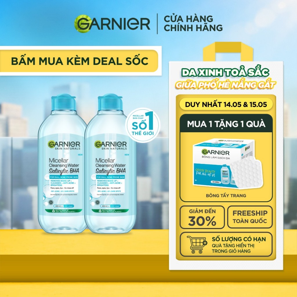 Bộ 2 Nước tẩy trang Garnier Cho Da Dầu Mụn Salicylic BHA Micellar 400ml x 2 (mới)