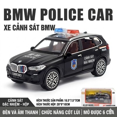 Đồ chơi xe ô tô cảnh sát BMW X5 KAVY bằng hợp kim có nhạc và đèn chạy cót mở 6 cửa