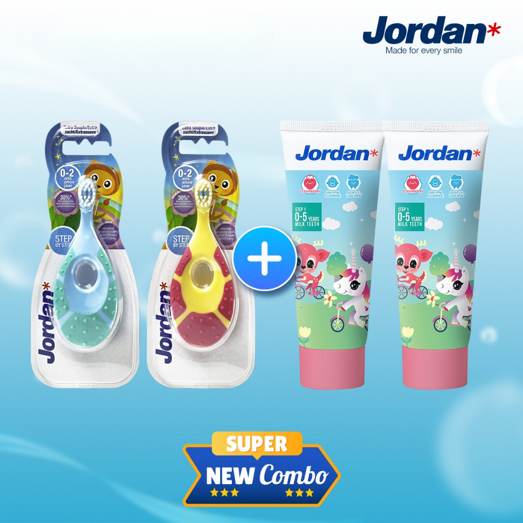 Bộ Step Baby Jordan  – 2 bàn chải đánh răng trẻ em Jordan Step 1 + 2 Kem đánh răng vị dâu Jordan Ste