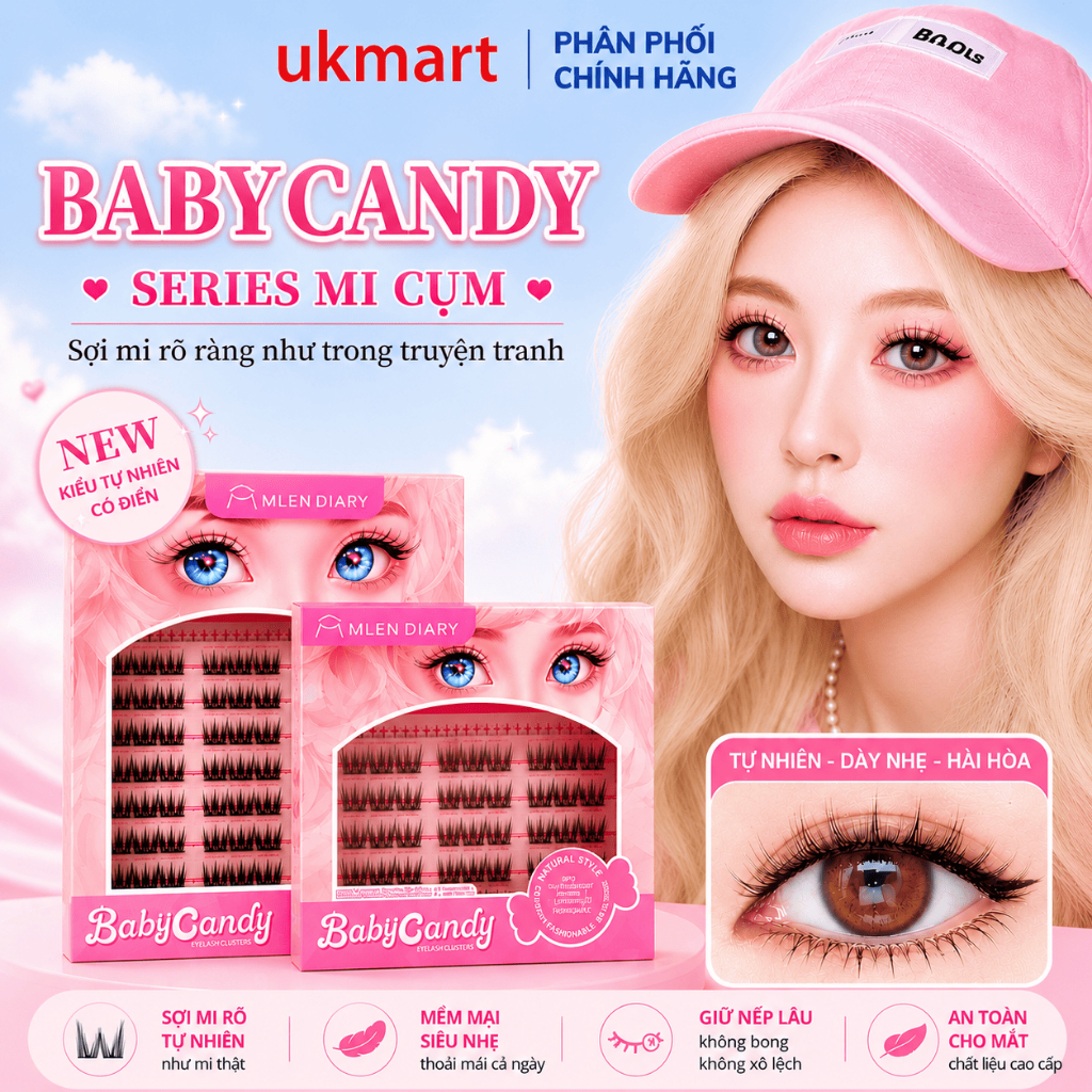 MLEN DIARY Lông Mi Giả Tự Nhiên Baby Candy Mi Giả Tự Dính Cụm Mềm Mại