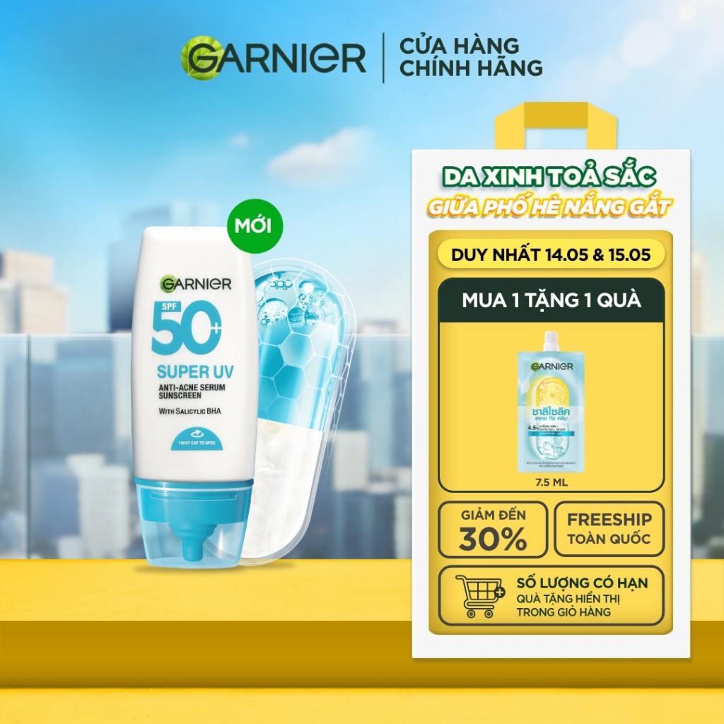 Kem Chống Nắng Garnier Phổ Rộng Kiềm Dầu Đến 12H & Hỗ Trợ Giảm Mụn Spf 50+PA++++ 30ML