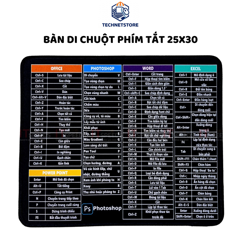 Lót Chuột Phím Tắt Office Excel Word 30x35cm & 70x30cm - Bàn Di Chuột Chống Nước, Bo Viền Chắc