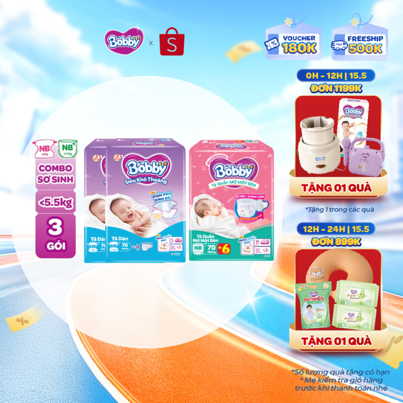 [TẶNG MIẾNG NGẪU NHIÊN] Combo sơ sinh gồm 02 gói Tã dán Bobby NB70 miếng và 01 gói Tã quần mở một bê