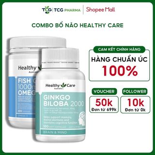 Combo bổ não Ginkgo Biloba 2000mg và dầu cá Fish Oil 1000mg Healthy Care hỗ trợ trí nhớ và tim mạch