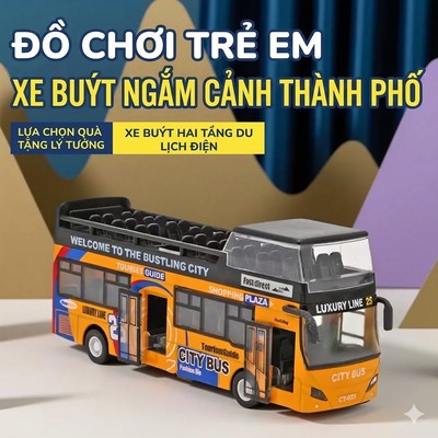 Đồ chơi mô hình xe buýt 2 tầng KAVY thăm quan thành phố bằng hợp kim có nhạc và đèn