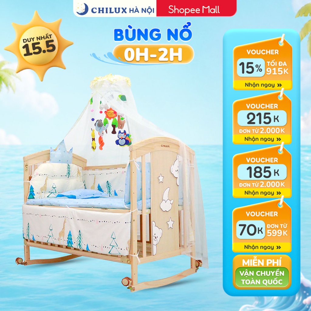 Nôi cũi đa năng Chilux 6IN 1 - Combo trọn bộ quây đệm hoàng gia và đệm xơ dừa