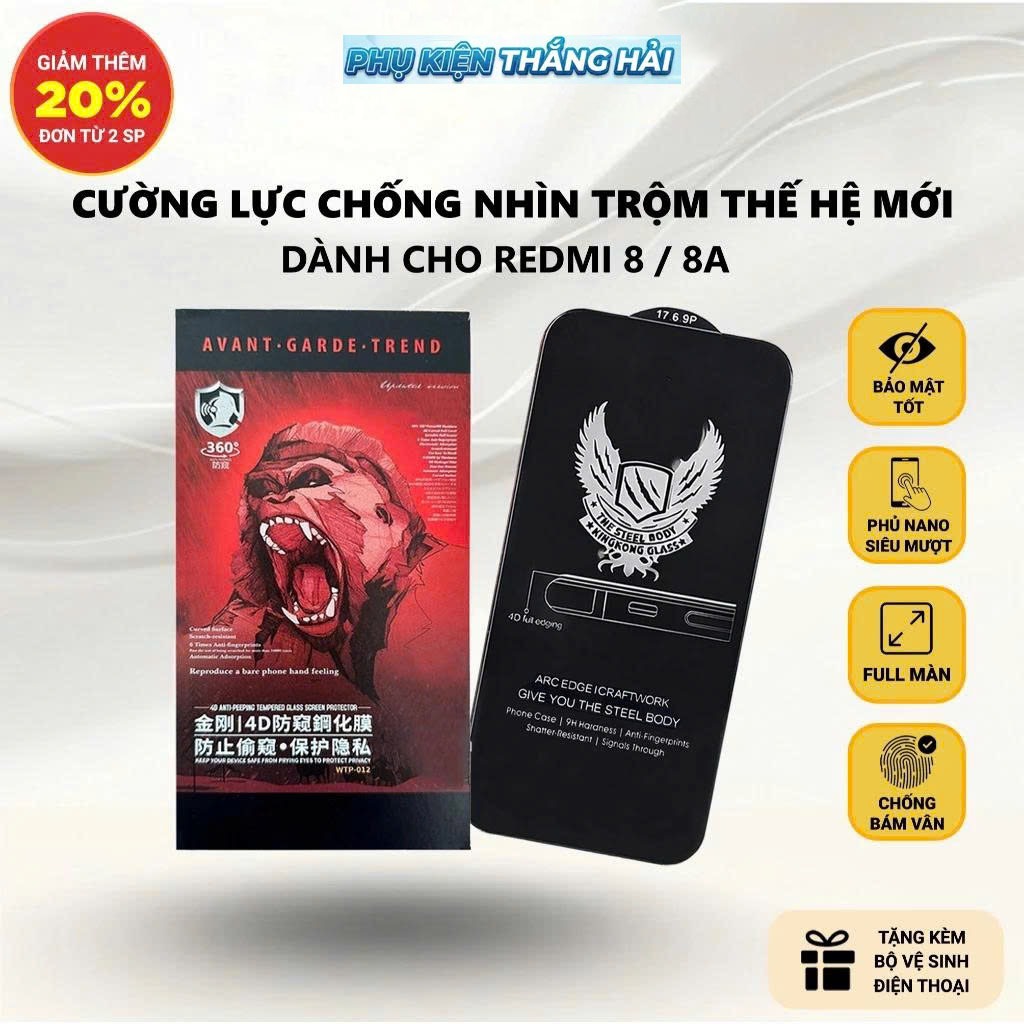 Cường lực Redmi 8, 8A chống nhìn trộm PKTH Case full màn | Miếng kính dán bảo vệ màn hình cho Xiaomi