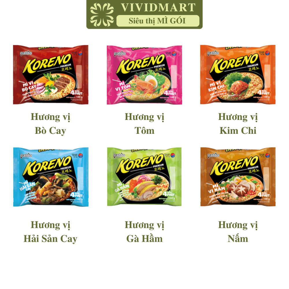 GÓI LẺ - PALDO - Mì Koreno Premium 6 vị: Bò cay, Tôm, Kim chi, Nấm, Gà hầm, Hải sản cay Mì gói Koren