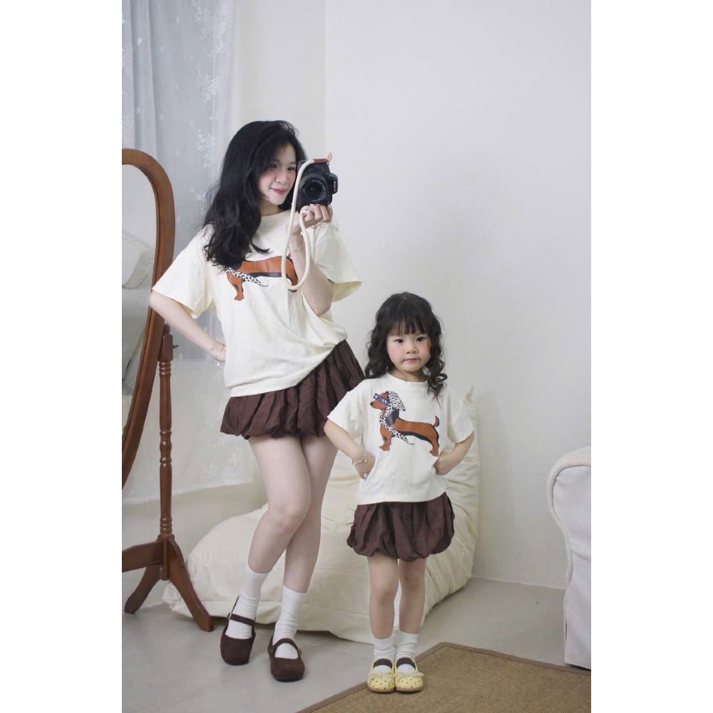 Áo thun gia đình mẹ và bé hình cún nâu, áo thun chất cotton cho mẹ và bé