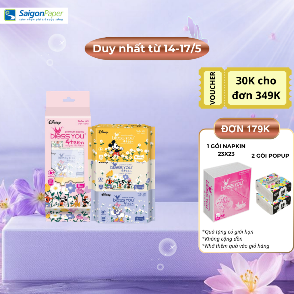 Lốc khăn Ướt Mini Bless You 4teen 12 tờ (6 gói)