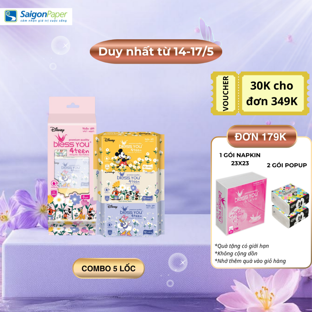 Combo 5 lốc khăn Ướt Mini Bless You 4teen 12 tờ (6 gói)
