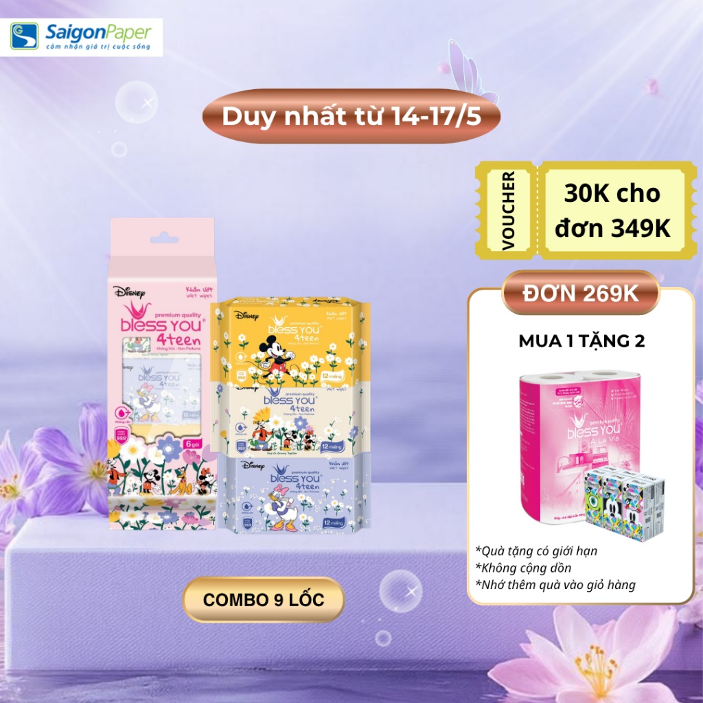 Combo 9 lốc khăn Ướt Mini Bless You 4teen 12 tờ (6 gói)