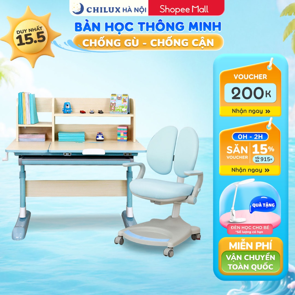 Bàn học cho bé Chilux Smart L - Cao cấp, thiết kế thông minh chống gù, chống cận
