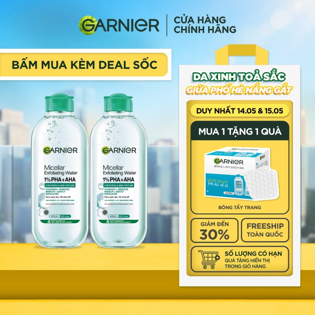 Bộ 2 nước Tẩy Trang sạch sâu & làm sạch tế bào da chết - Garnier Micellar Exfolliating Water 400mlX2
