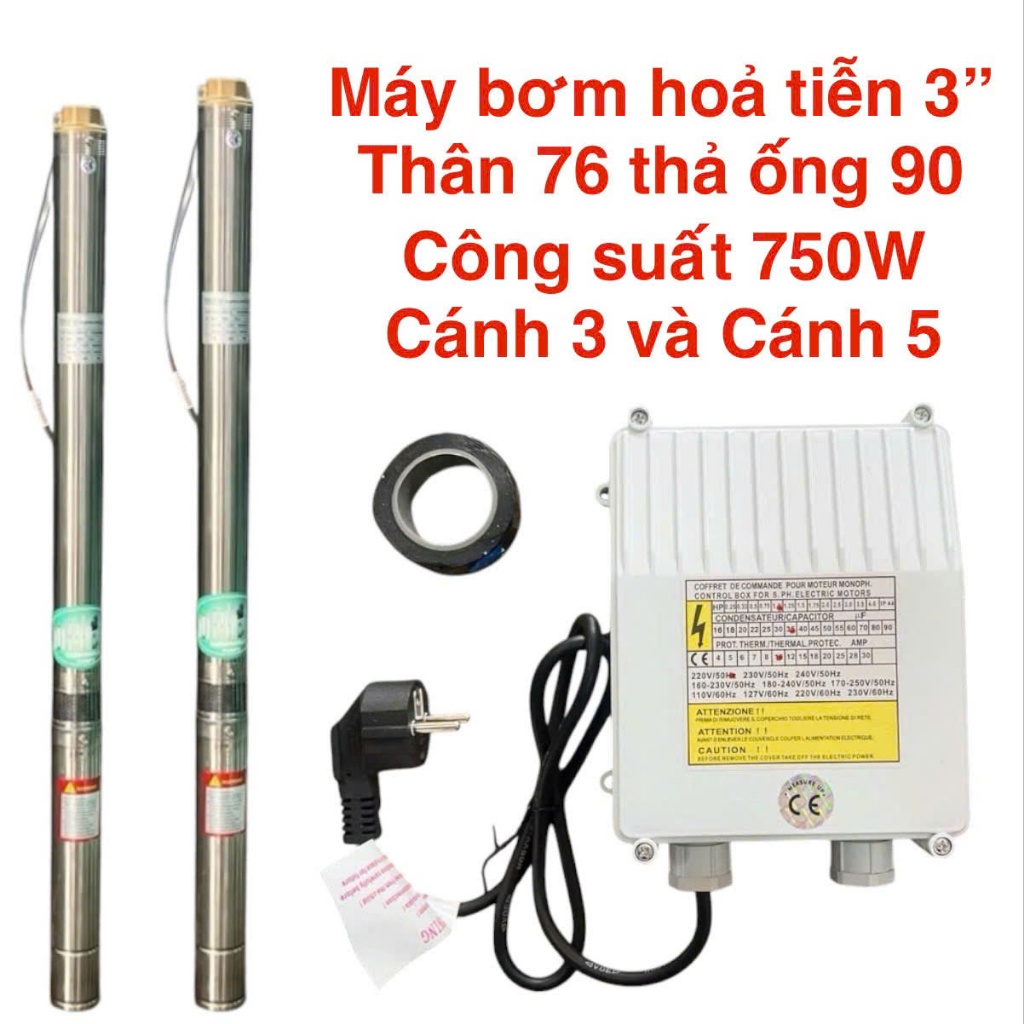 Máy bơm hỏa tiễn 750W (1HP) (3" Ø76 thả ống 90) Thân Inox 304 có hộp tụ đi kèm TAIFU