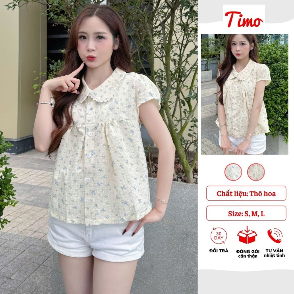 Áo babydoll nữ, áo sơ mi nữ cổ sen phối viền ren hoa nhí, vải đũi thô siêu mát, siêu tôn dáng AOT122