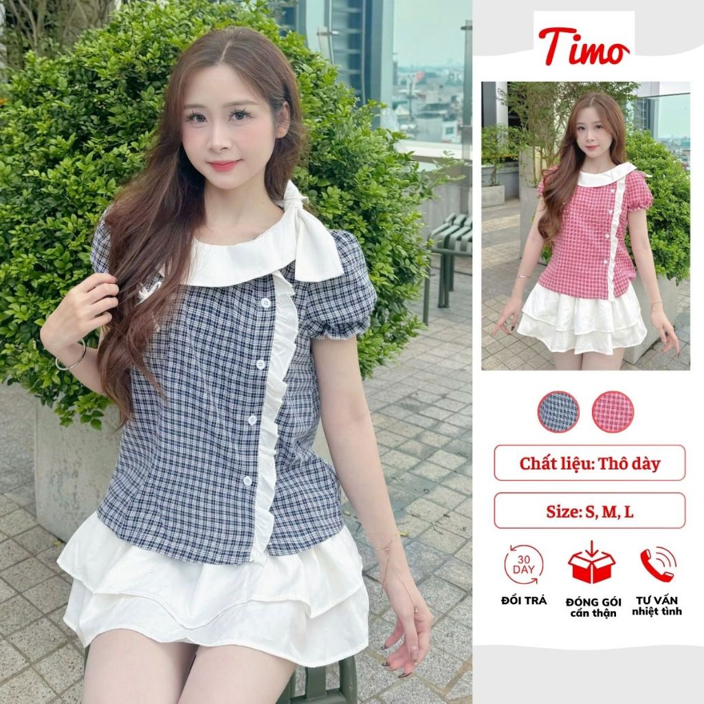 Áo sơ mi nữ họa tiết caro cài cúc lệch dáng babydoll mặc mát dễ phối đồ AOT123