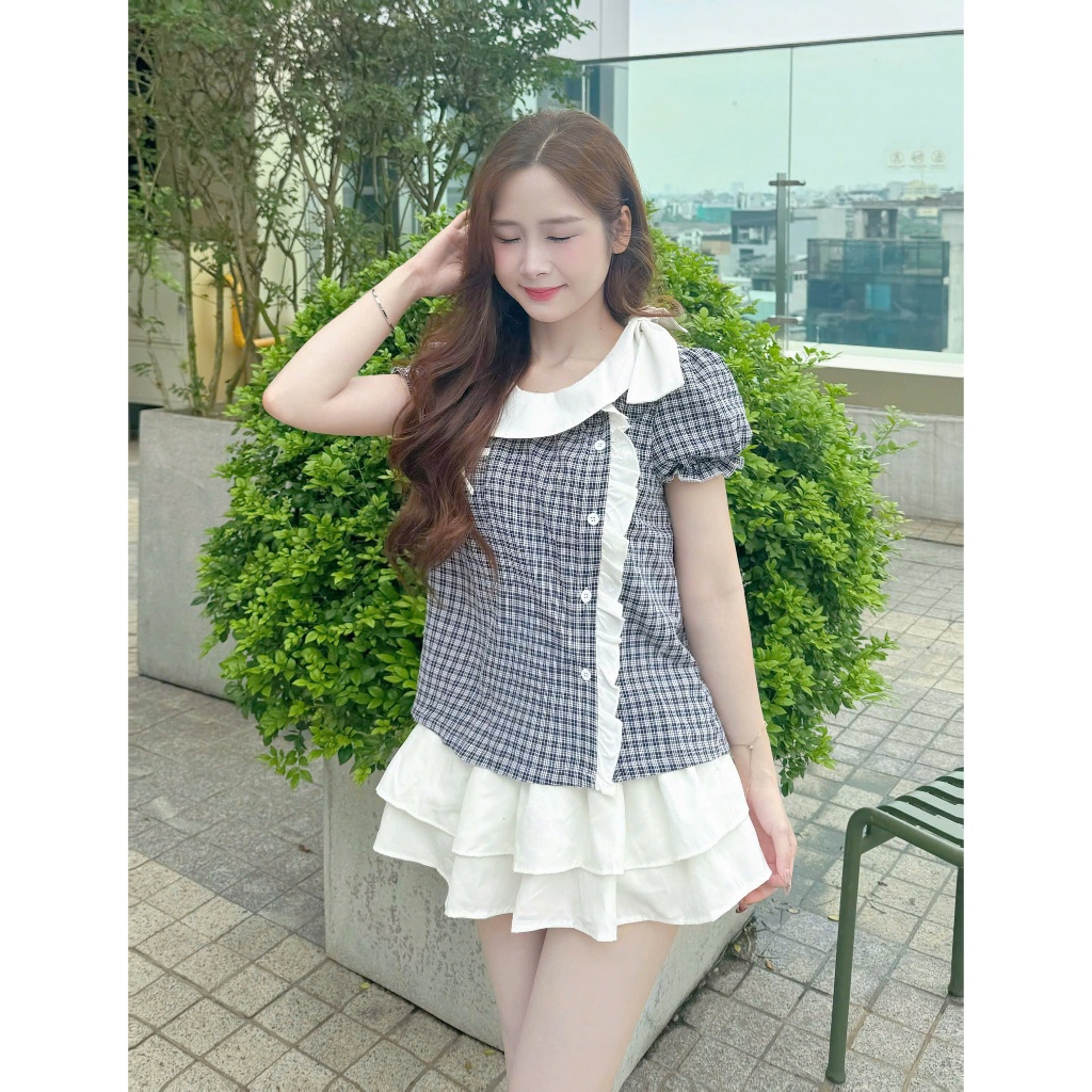 Áo sơ mi nữ họa tiết caro cài cúc lệch dáng babydoll mặc mát dễ phối đồ AOT123 | BigBuy360 - bigbuy360.vn