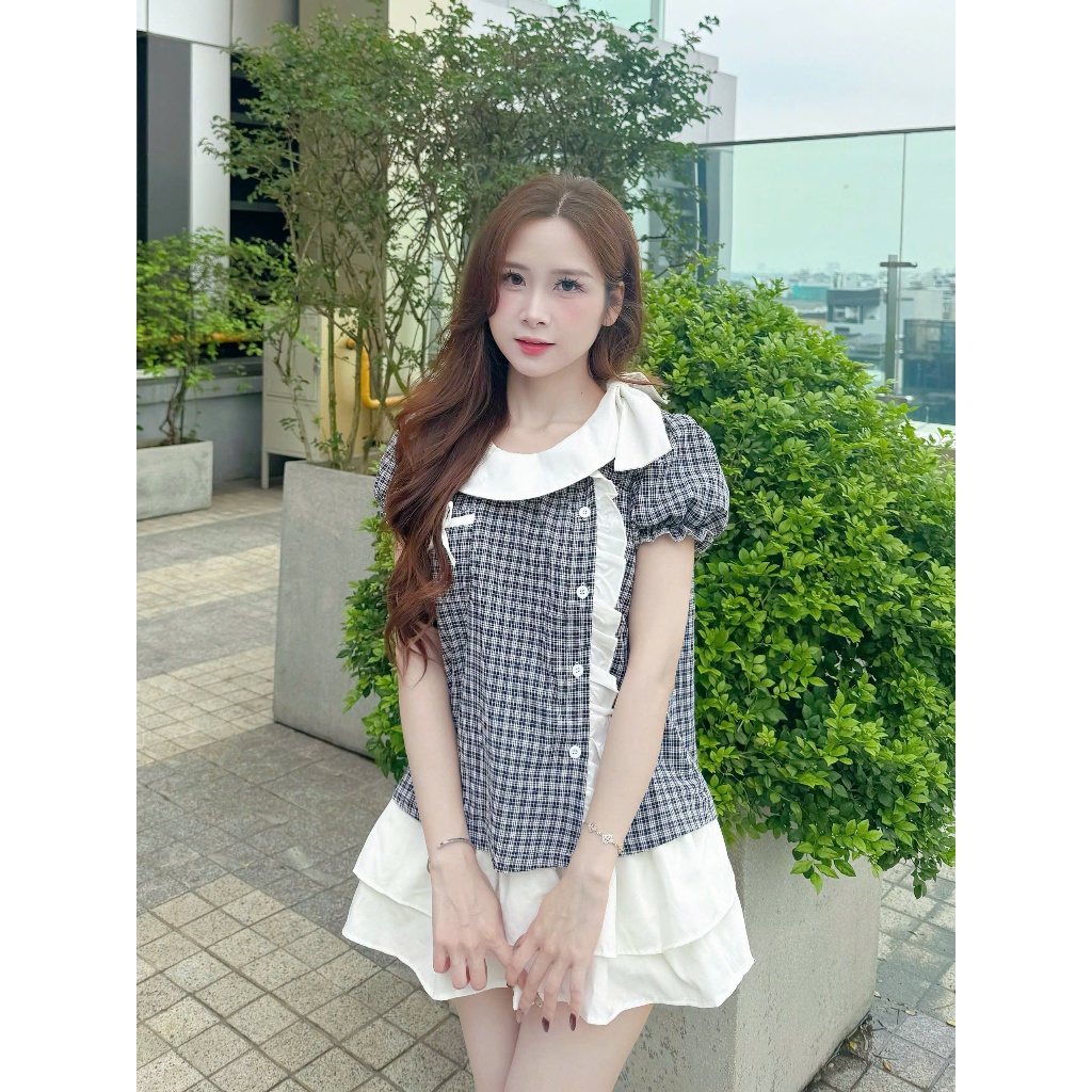 Áo sơ mi nữ họa tiết caro cài cúc lệch dáng babydoll mặc mát dễ phối đồ AOT123 | BigBuy360 - bigbuy360.vn