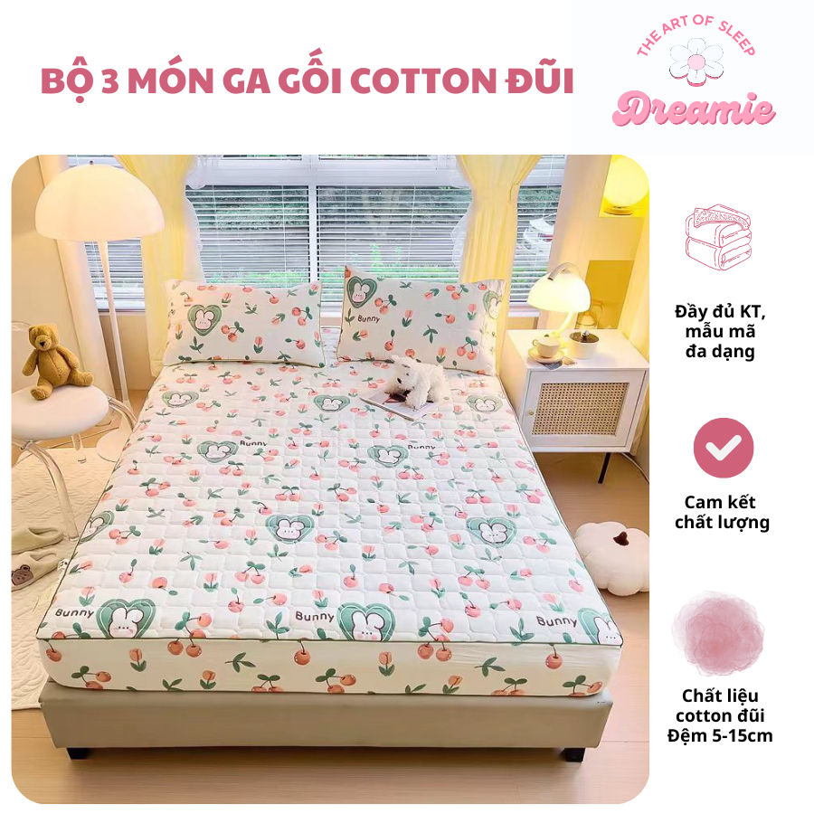 Bộ Ga Gối Trần Bông 3 Món Cotton đũi dệt bông xơ đậu lành - Full Size 1m2, 1m4, 1m6, 1m8, 2m2