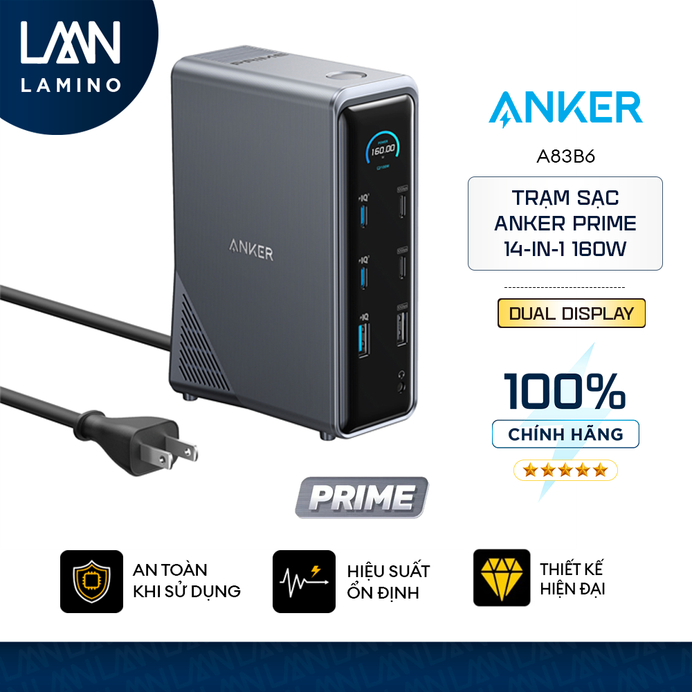 Trạm Sạc Đa Năng Anker Prime 160W | 14 trong 1 Hub 11 Cổng | Dual Display  - Bảo Hành 18 Tháng  A83B